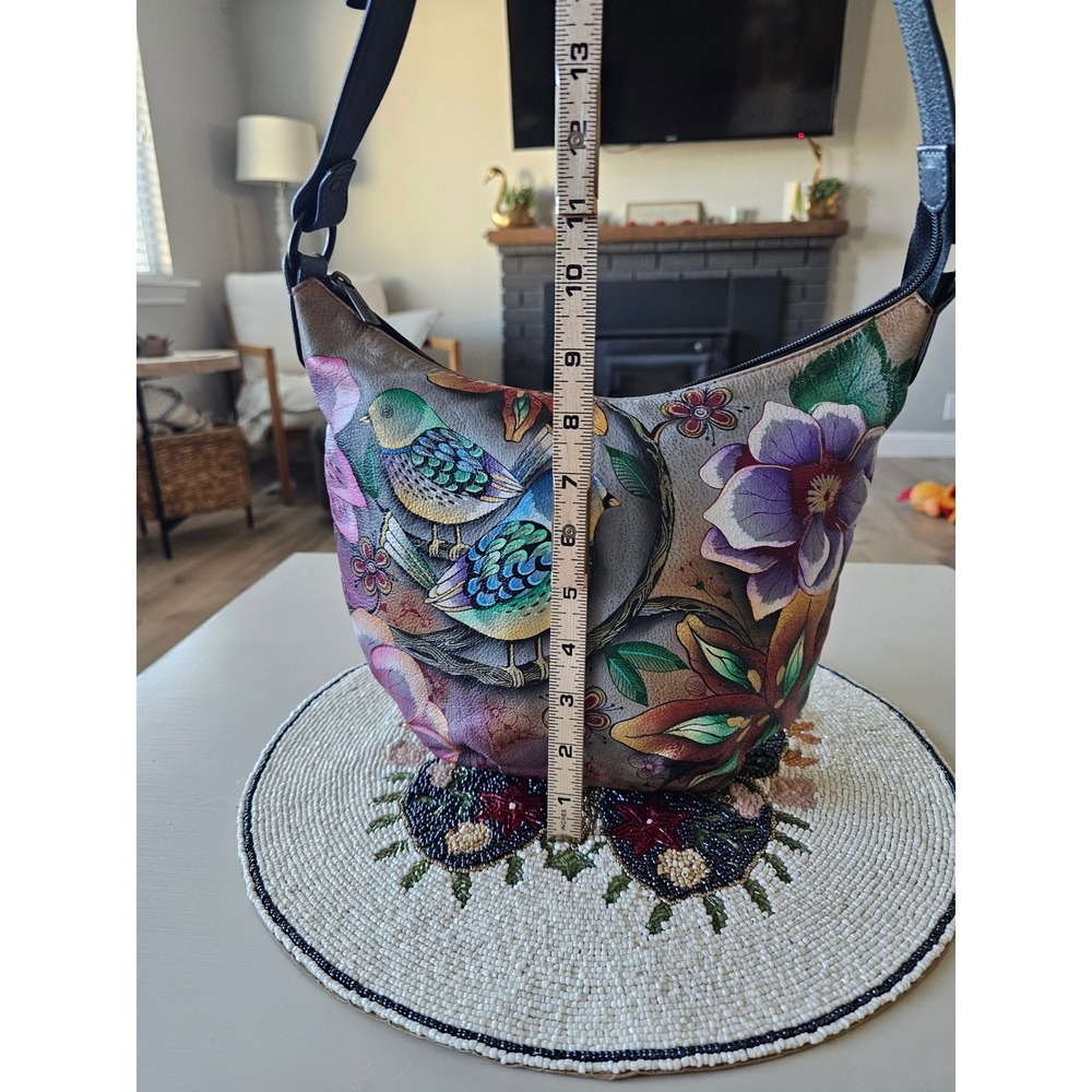 Anuschka Hand Painted Leather Hobo Bag Birds and Flowers Shoulder Purse Multi - Picture 10 of 10